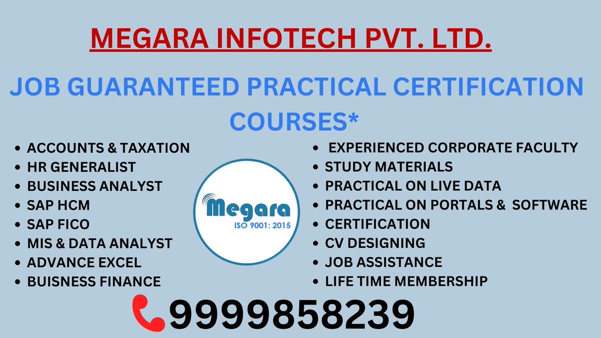 MegaraInfotech's tweet photo. 📷15% OFF + 100% Job Assistance = Your New Career. Megara Infotech's Online Live Courses are the fastest way to master Accounts, Taxation, SAP FICO, SAP HCM, &amp; HR Generalist. Stop waiting, start earning!
Call @9999858239
Visit https://t.co/3PHYaOT6Nl
#CareerGoals  #CareerUpgrade https://t.co/soRy4qCDsT