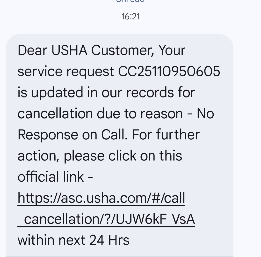 PareekS21's tweet photo. @UshaIntl again received a service request cancellation message. This is really testing my patience. Trust me, you have hired crooks who manage your service requests.
Received the message a few minutes back. No one called but status is updated. https://t.co/HK0fU8Tqjj