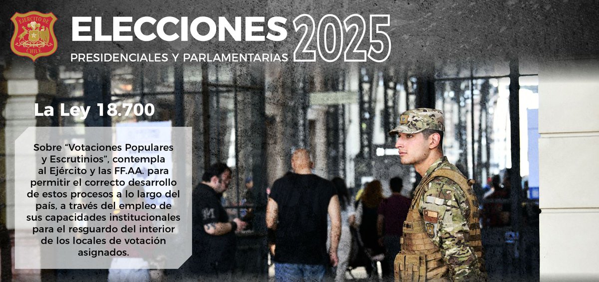 Ejercito_Chile's tweet image. 🇨🇱 El #EjércitoDeChile pone a disposición de las #Elecciones2025 su capacidad humana y material, contribuyendo al desarrollo seguro, ordenado y fluido del proceso electoral.

💪 Acá te explicamos que funciones cumple nuestro personal en los distintos locales de votación.…