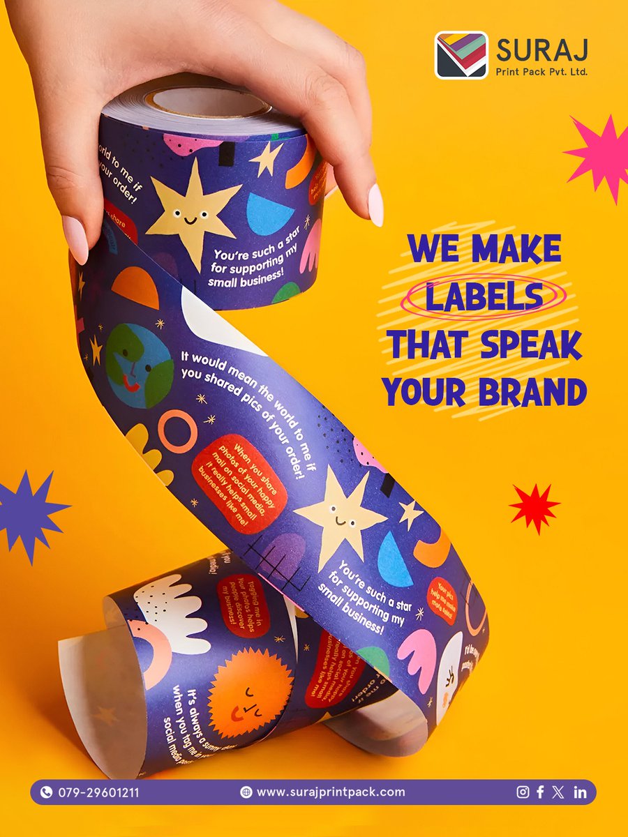 SurajPrintPack_'s tweet photo. If your packaging could talk, what would it say?
Strong? Elegant? Minimal? Loud?
Whatever the message, we make labels that speak your brand exactly how you want your audience to hear it.

#labelprinting #customlabels #productlabel #packaginglabels #brandinglabels #stickerprinting https://t.co/rSH5uniiOy