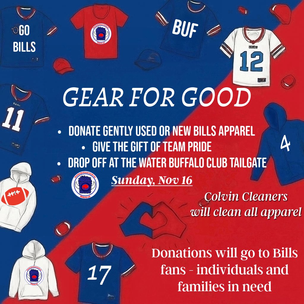 WBC716's tweet image. Share the Spirit

Join the Water Buffalo Club in supporting our community with a special initiative to collect gently used or new Bills apparel! 

This apparel will be cleaned by Colvin Cleaners and provided to Bills fans - individuals and families in need throughout our