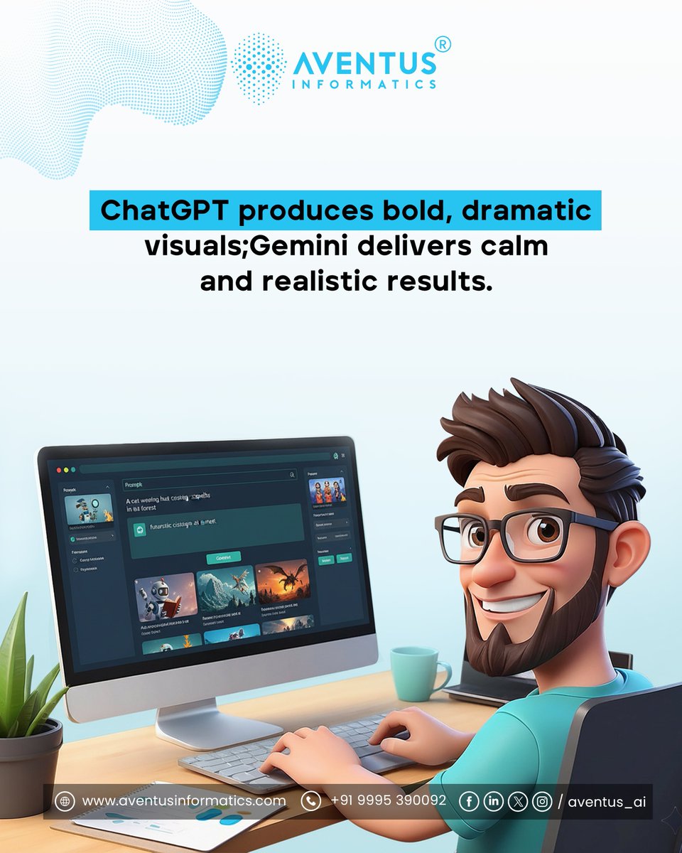 Aventus_AI's tweet image. Both turn ideas into visuals, but with different styles.
ChatGPT: Bold and dramatic.
Gemini: Calm and realistic.
Together, they unlock endless creative possibilities.

Read the full blog here: aventusinformatics.com/blog_details/a…

#AIShowdown #ChatGPTvsGemini #AIArt  #AventusInformatics