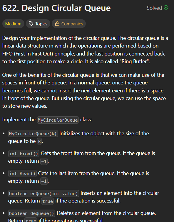 Kaushal__marcus's tweet image. #Day15 of DSA 🚀
Problem: 622. Design Circular Queue
Solved this medium-level LeetCode problem today!
Luckily, I’d done a similar one on Coding Ninjas earlier - took some inspo and cracked it on my own 🤘🤘

#100DaysOfChallenge #DSA #CPlusPlus #Coding #100daysofcodingchallenge