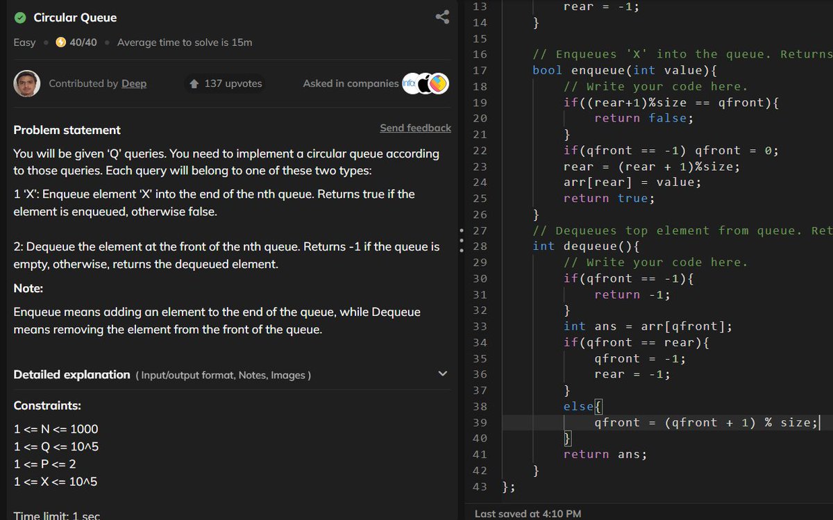 Kaushal__marcus's tweet image. #Day15 of DSA 🚀
Problem: 622. Design Circular Queue
Solved this medium-level LeetCode problem today!
Luckily, I’d done a similar one on Coding Ninjas earlier - took some inspo and cracked it on my own 🤘🤘

#100DaysOfChallenge #DSA #CPlusPlus #Coding #100daysofcodingchallenge