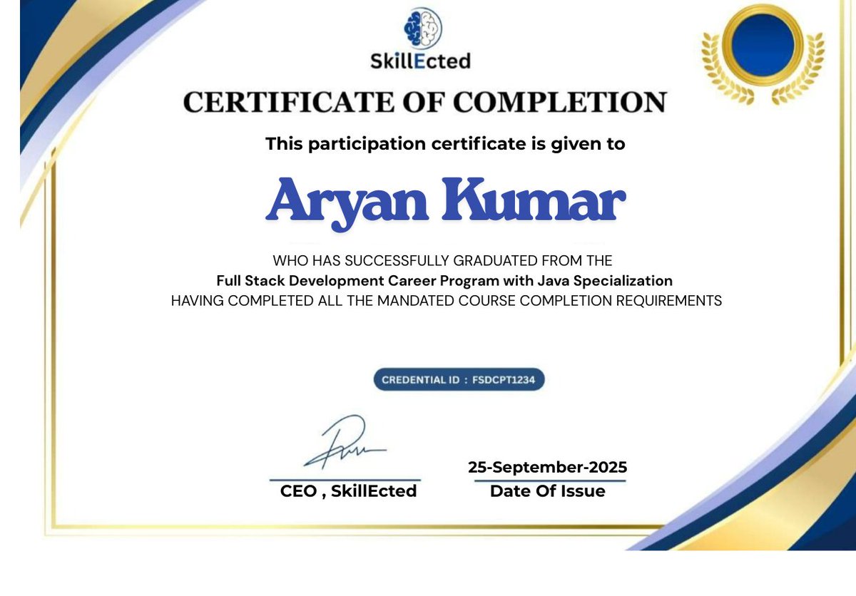 skylooperr's tweet image. Just unlocked a new milestone in my dev journey!

Thrilled to share that I&apos;ve successfully completed the Full Stack Development Career Program with Java Specialization
 #FullStackDevelopment #Java #LearningNeverStops #WebDevelopment #SkillEcted #Skylooperr