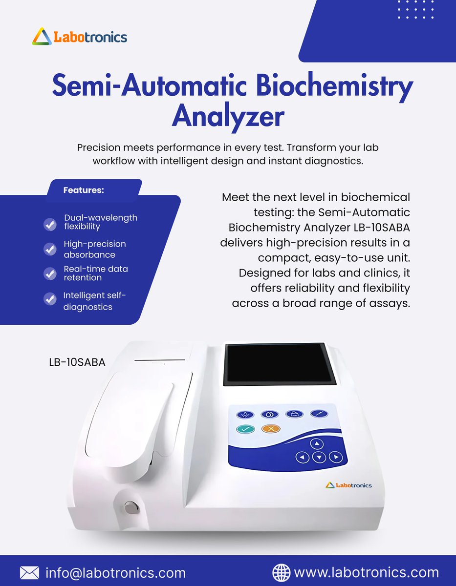 Labotronics's tweet image. Labotronics Semi-Automatic Biochemistry Analyzer LB-10SABA
Precise biochemical testing with dual-wavelength flexibility and smooth lab workflow support.

 info@labotronics.com

 labotronics.com/semi-automatic…

#labotronics #biochemistryanalyzer #clinicallab #diagnostics #labequipment