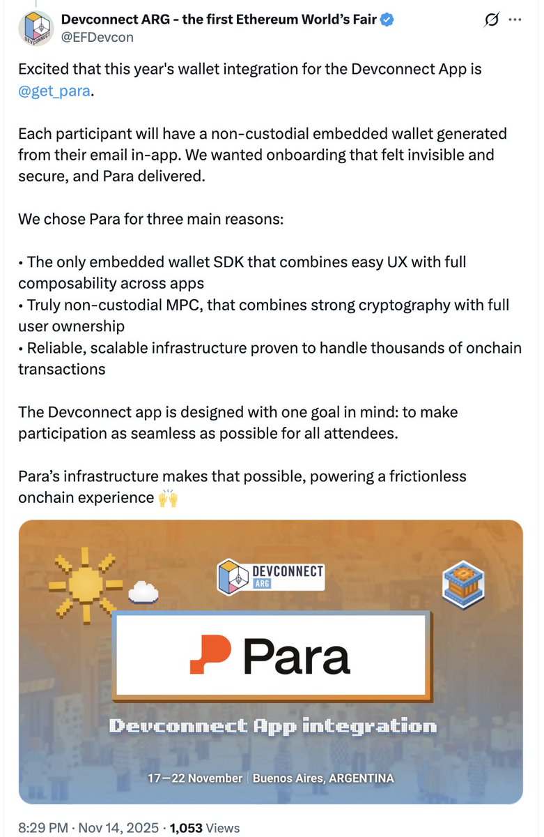 What energizes me most about Para is getting to work with mission-driven teams like the Ethereum Foundation, partners who care deeply about:

• Preserving composability across the ecosystem
• Delivering great UX at scale
• Enabling secure, non-custodial experiences for every