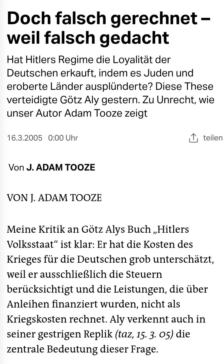 Das Problem an Götz Alys Thesen ist, dass sie offenbar an einigen Stellen im Konflikt mit der vorliegenden Evidenz stehen. 

<a href="/adam_tooze/">Adam Tooze</a> your 20 year old dispute with Götz Aly is currently getting relevant again. German historians like <a href="/PHoeres/">Peter Hoeres</a> are also active in this regard.