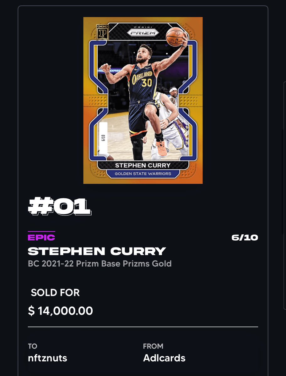 PaniniNFTs's tweet image. 💎🔥💥🚀

Another market moving Prizm Gold GOAT sale. $14,000 for the 21-22 Steph Curry Gold Prizm /10 👨🏽‍🍳

Congrats to nftznuts on this true 💎

#PaniniBlockchain #BlockByBlock