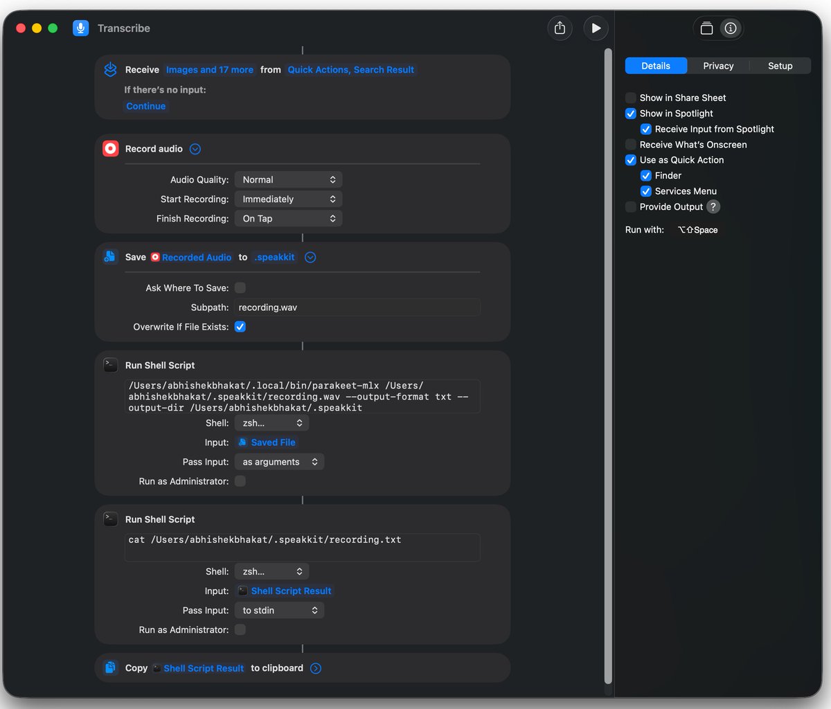 abhishek_a_i's tweet image. uv tool install parakeet-mlx
Create an Apple shortcut to run on a hotkey:
- Record audio on start
- Save audio in a path
- Transcribe using cli from and in that path
- cat transcription
- copy to clipboard

Free voice typing on Mac 😎

#Voicetyping #AI #Transcribe #SpeechToText…