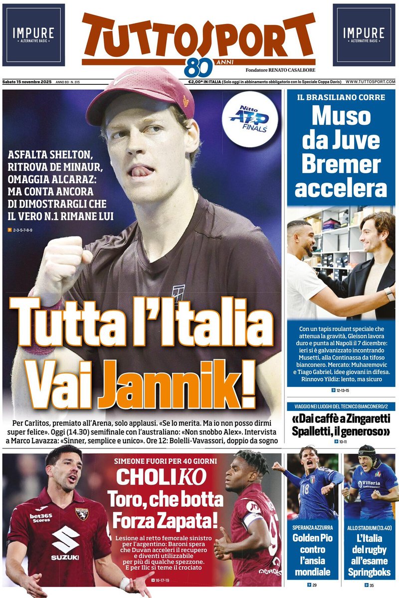 Front Page Tutto Sport, Saturday 15 November 2025