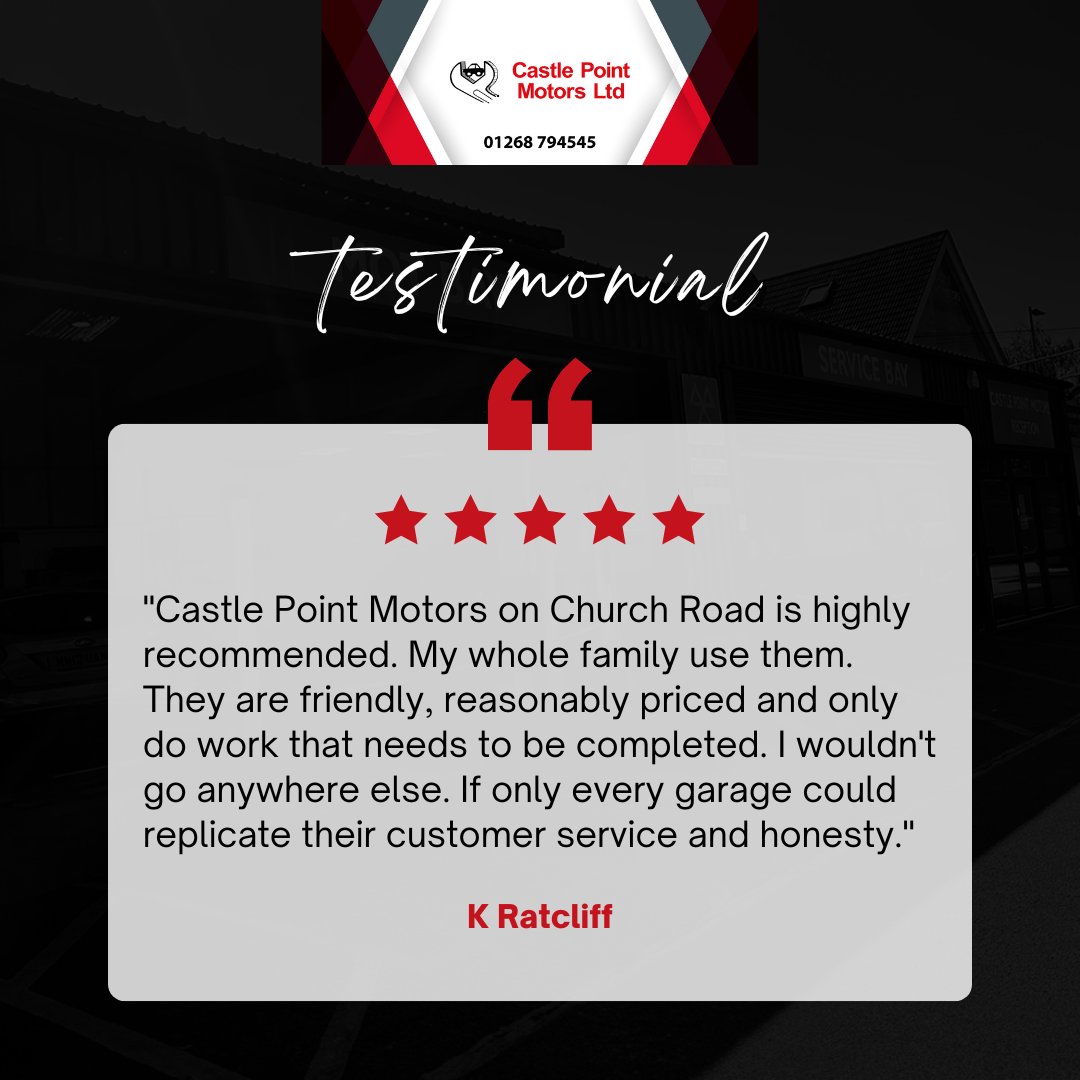 We love to receive feedback like this from our valued customers 😊 

Does your car need some TLC? Book a service with us a get a FREE MOT! Call 01268 79454 

#CastlepointMotors #CarService #FreeMOT