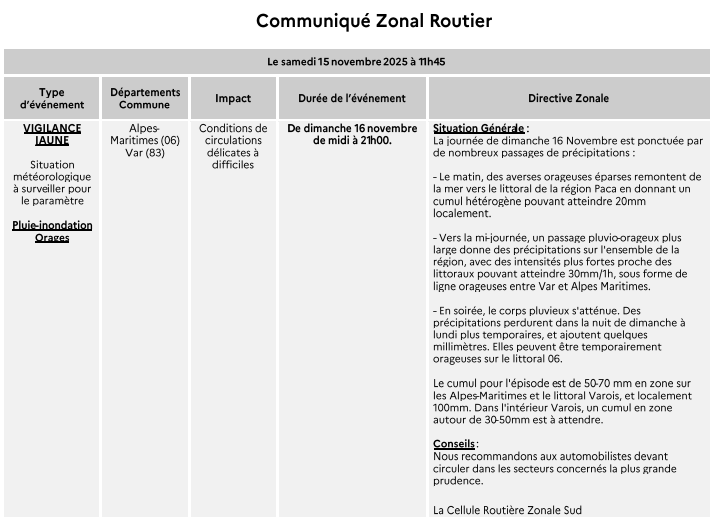 cezocsud's tweet image. Communiqué CRZ Sud :  Alerte météo à surveiller pluie inondation et orages le dimanche 16 novembre 2025 pour les départements 06 et 83.