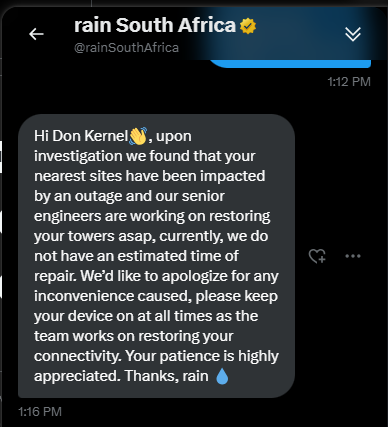 TheeKernel's tweet photo. @rainSouthAfrica you lied and said you tried calling me then asked me to DM my number again which I did at 1:12 then at 1:16 you respond with this? is this the kind of customer support you provide to your clients? I keep having the same issue everyday and no improvements to date https://t.co/TJVHFb67Lx