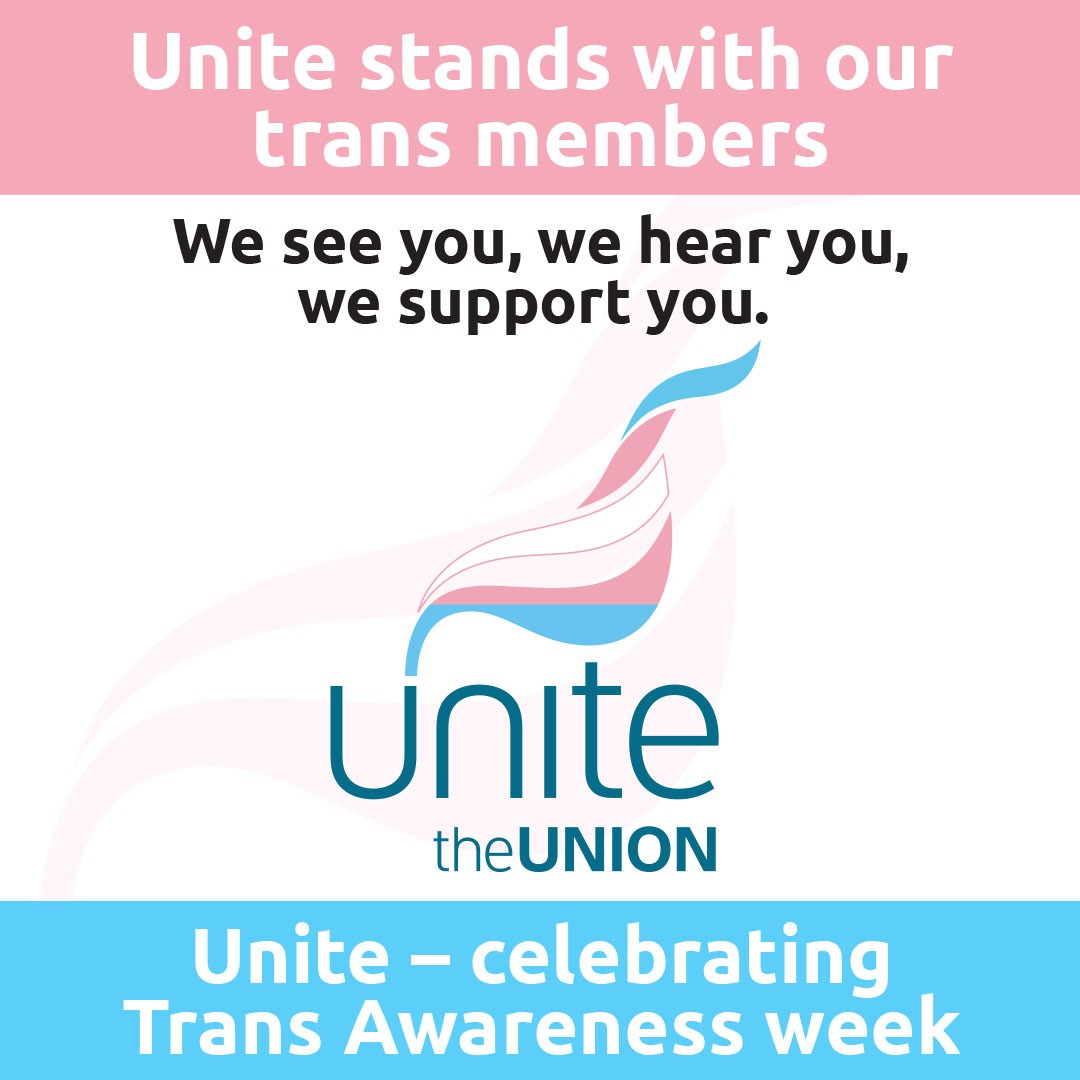 🏳️‍⚧️ This #TransAwarenessWeek, Unite reinforces its commitment to fighting for trans dignity in every workplace.

"True awareness means checking our collective agreements and challenging employers. We need to be educating our reps and ensuring that trans members are safe and seen