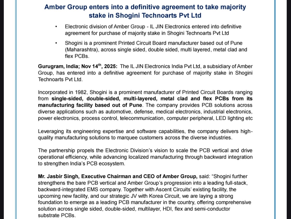 ShridhantS's tweet image. EMS 🔥🔥🔥

#Amber enterprises ( Jin electric) enter in New segment 

#PCB manufacturing segment 🔥🔥🔥

Acquired major stake in Shongini pvt ltd, Shongini is a prominent manufacturer of print circuit boards ranging from single -slided, double slided, metal clad and many more.