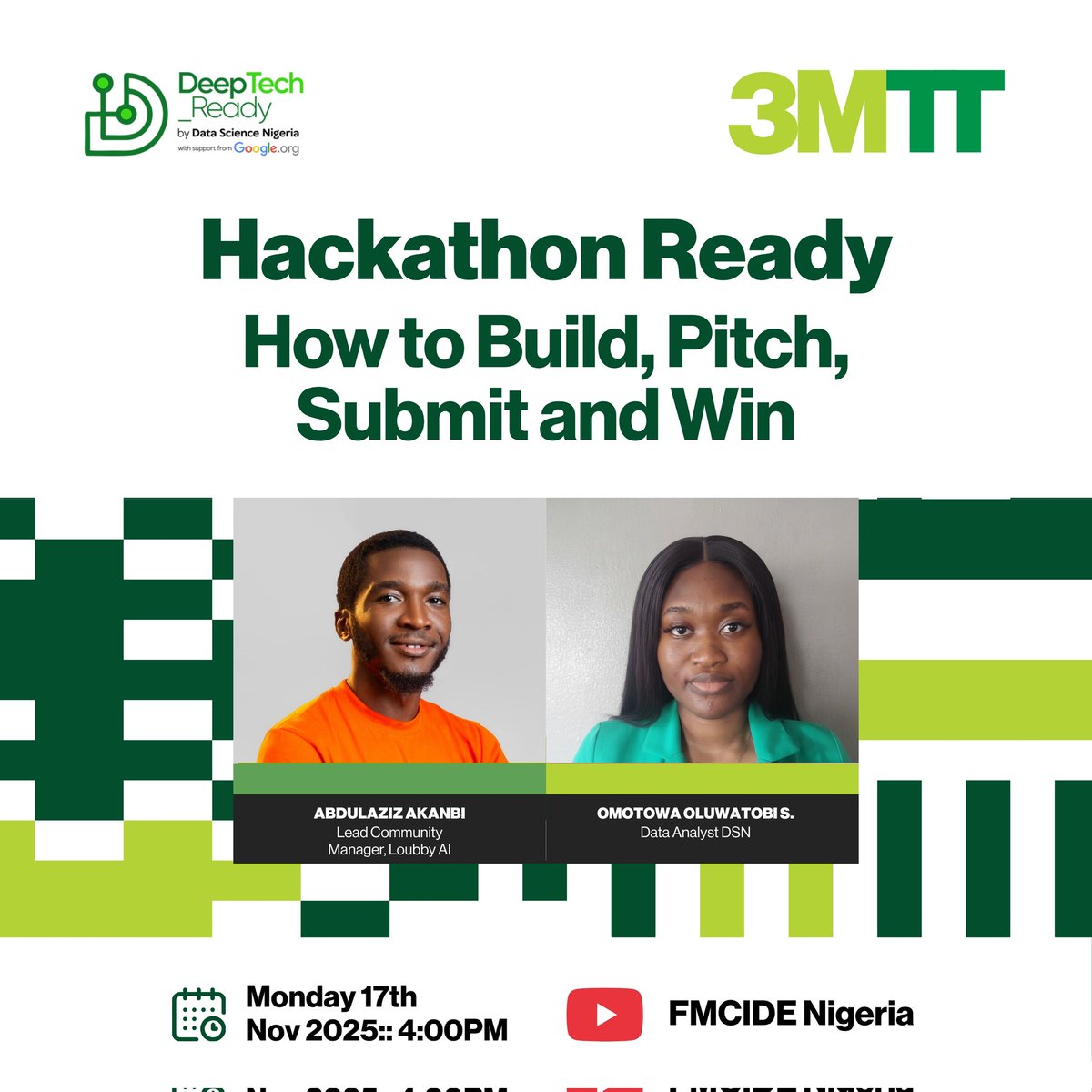 3MTTNigeria's tweet image. Deeptech Fellows!

Learn how to build, pitch, submit &amp;amp; win your next hackathon with insights from Abdulaziz Akanbi and Omotowa Oluwatobi S.

Nov 17 | 4PM | FMCIDE Nigeria

Don’t miss it!

#3MTT #Deeptech