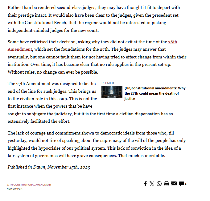 ججز کی راہیں جدا
روزنامہ ڈان نے ایڈیٹوریل میں لکھاہے کہ سپریم کورٹ کے دو اعلیٰ ترین ججوں نے "خاموش" ادارے کا حصہ رہنے کے بجائے باعزت طریقے سے باہر نکلنے کا انتخاب کیا ہے۔یہ غیر متوقع نہیں تھاکیونکہ موجودہ رجیم(حکومت) نے عدلیہ کو انتہائی حد تک ذلیل کرنے کا انتظام کیا ہے۔بااصول