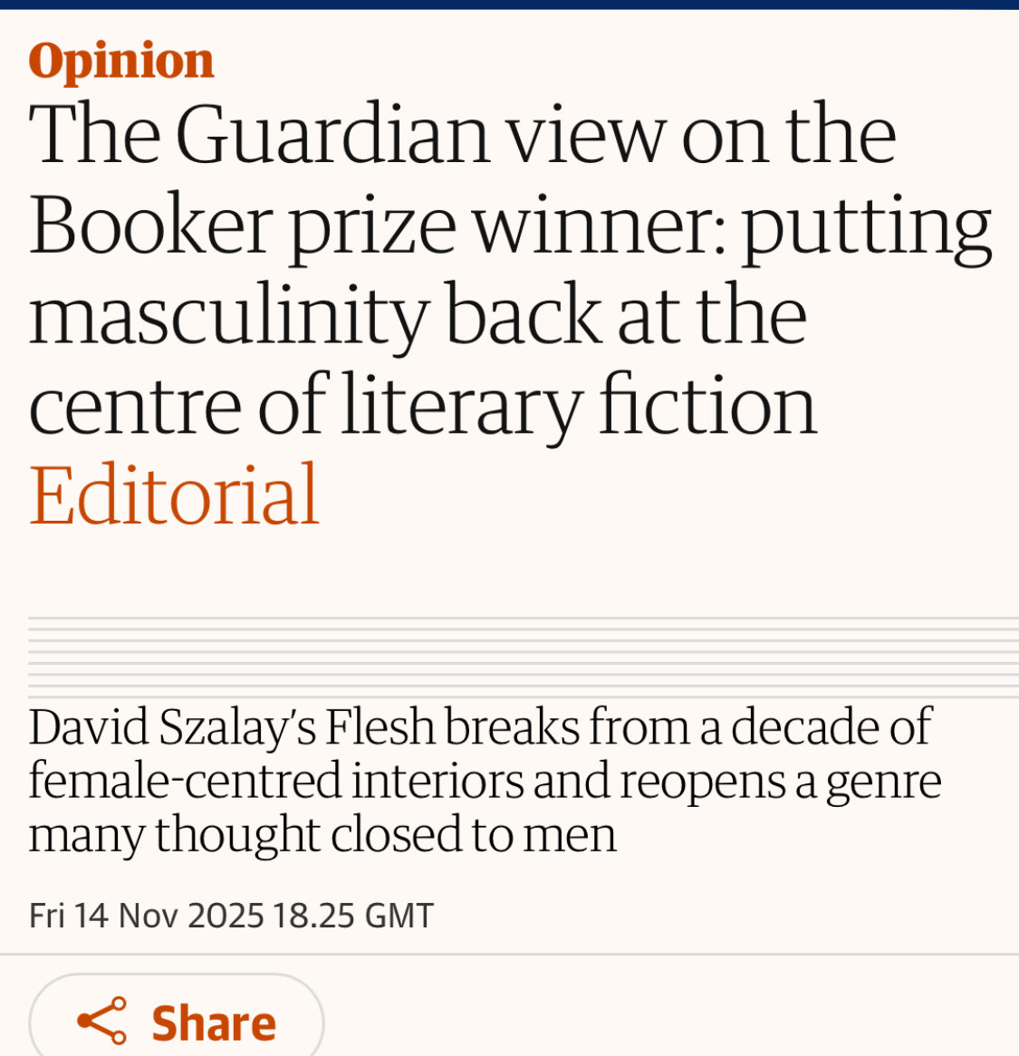 This is so tedious. The idea that men and masculinity has been somehow disadvantaged or overlooked in literary fiction (when they evidently have dominated it over centuries and they do so in non -fiction too) is so tedious.