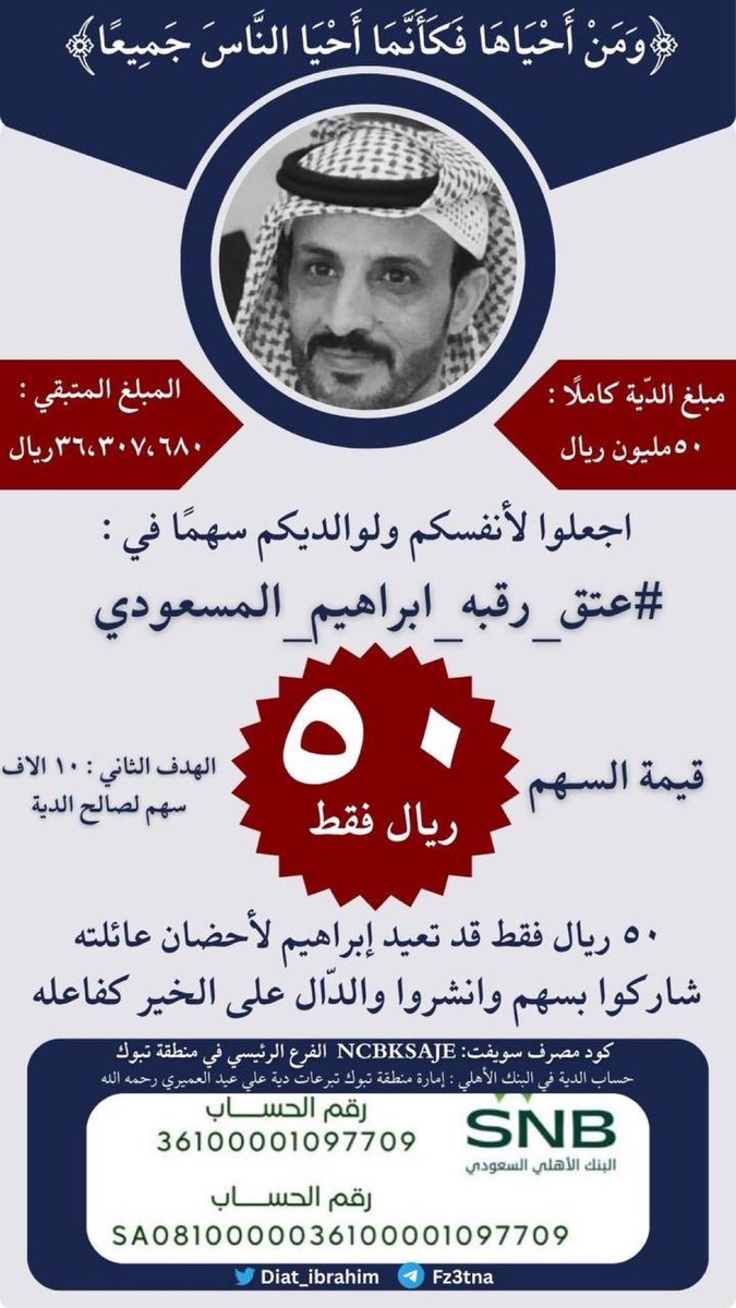 #فضفضه

المساعيد تنخاكم يا وجيه القبايل، تنخاكم فزعة ما يردّها إلّا من فقد النخوه، تكفون لا تخيّبون الظن، ترانا اليوم نطلب الله ثم وقفتكم، ما نطلب غير وجهٍ كريم وقلوبٍ رحيمه. يا أهل الشهامه والمرجله، ترانا في كربٍ عظيم، ولدنا إبراهيم محبوس والدّيه ثقيله علينا، والوقت يضيق،