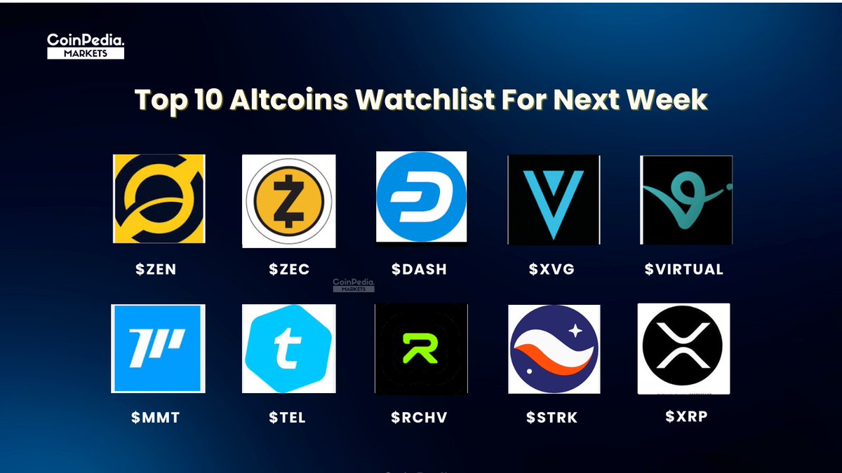 MarketCoinpedia's tweet image. 🚀 Our Top 10 #Altcoins Watchlist for Next Week 🔥

1️⃣ Horizen ( $ZEN ) – $18
2️⃣ Zcash ( $ZEC ) – $750
3️⃣ Dash ( $DASH ) – $95
4️⃣ Verge ( $XVG ) – $0.0095
5️⃣ Virtuals Protocol ( $VIRTUAL ) – $1.50
6️⃣ Momentum ( $MMT ) – $0.50
7️⃣ Telcoin ( $TEL ) – $0.008
8️⃣ Archivas ( $RCHV ) –…