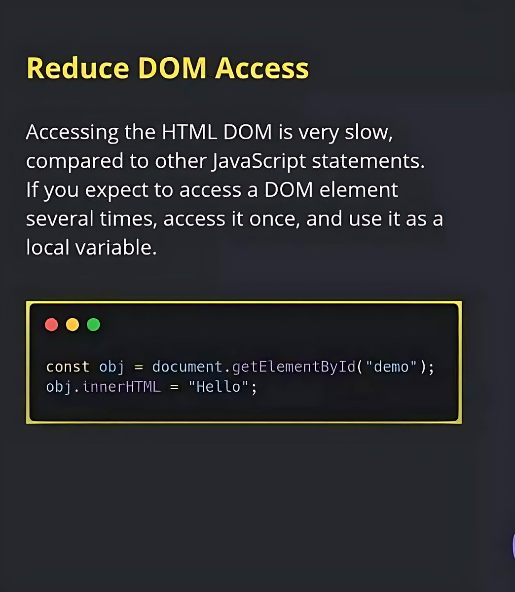 11xcoder's tweet image. Level Up Your Vanilla JS Skills! 🚀

Stop making rookie mistakes and start writing JavaScript that&apos;s fast, clean, and scalable. This quick guide covers performance tricks and modern coding standards 

#webperformance #javascript #codingtips #developerlife #jsdeveloper