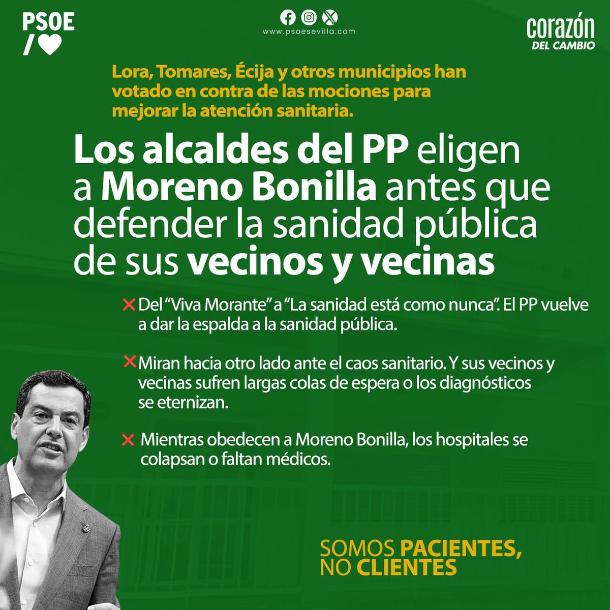 🚨Los alcaldes del PP eligen a Moreno Bonilla antes que a sus vecinos y vecinas.

❌Lora, Tomares, Écija y otros municipios han votado en contra de las mociones para mejorar la atención sanitaria.

❌El PP vuelve a dar la espalda a la sanidad pública.

❌Los hospitales se