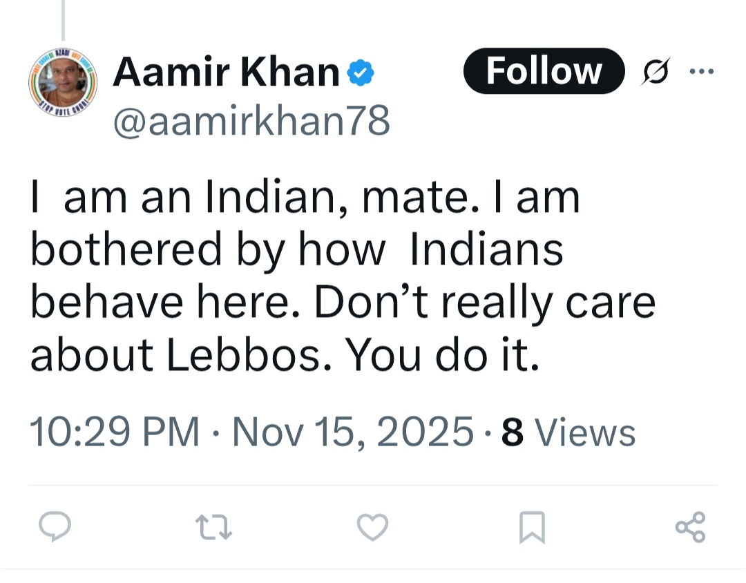 "I actually don't care about ethnic enclaves or civic sense. I care about slandering Indians. That's how the algorithm feeds my wife &amp; kids. My children will grow up proud to know their dad's self-hatred put them through uni, so they could get real jobs, &amp; not be losers like him"