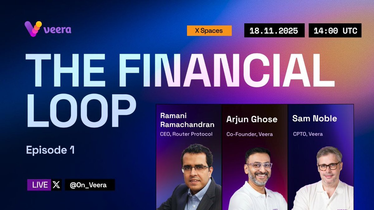 On_Veera's tweet image. Episode 1 of The Financial Loop is coming!

We’re opening the series with a deep dive into the infrastructure powering Veera’s Global Financial OS, and how cross-chain liquidity enables the four pillars of modern finance: earn, invest, borrow, and spend.

Featuring:…