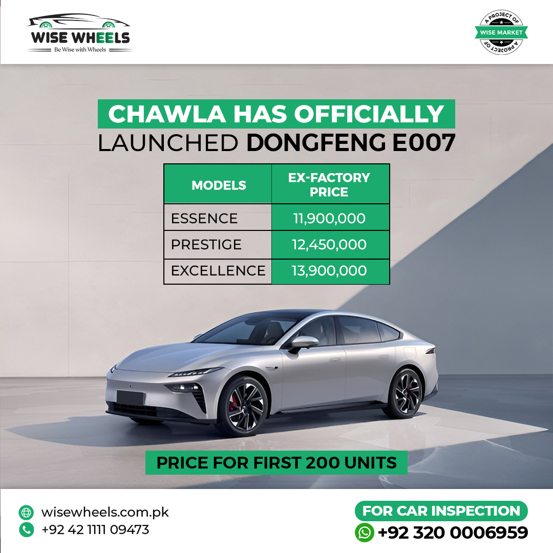 wise_wheels's tweet image. Chawla has officially launched the incredible Dongfeng E007
Experience electric luxury with these introductory Ex-Factory Prices for the first 200 units.
Essence: 11,900,000
Prestige: 12,450,000
Excellence: 13,900,000

#DongfengE007 #EVLaunch #ElectricVehicle #wisewheels