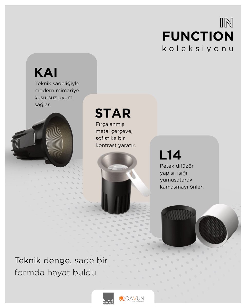 Modern mimarinin ihtiyaç duyduğu netlik, denge ve ışık kalitesi Qavun Function IN Koleksiyonu’nda bir arada.
KAI, STAR ve L14; projelerde hem estetik hem de teknik bütünlük sağlayan ideal çözümleri sunuyor. 

#Qavun #Erelconcept