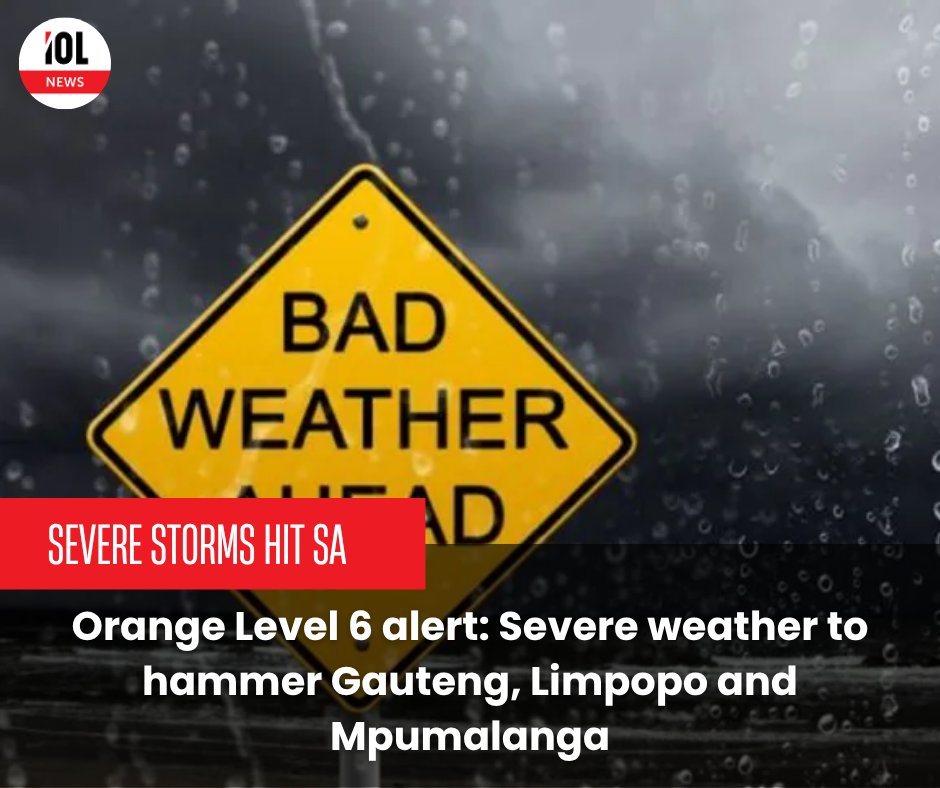 IOL's tweet photo. South Africa braces for life-threatening floods and winds as a powerful cut-off low triggers Level 6 warnings in Gauteng, Limpopo, and Mpumalanga, with KwaZulu-Natal on high alert.
#SouthAfrica #SevereWeather #Level6Warning #FloodAlert #Thunderstorms #Gauteng
Read on https://t.co/4q4zUYVp5A