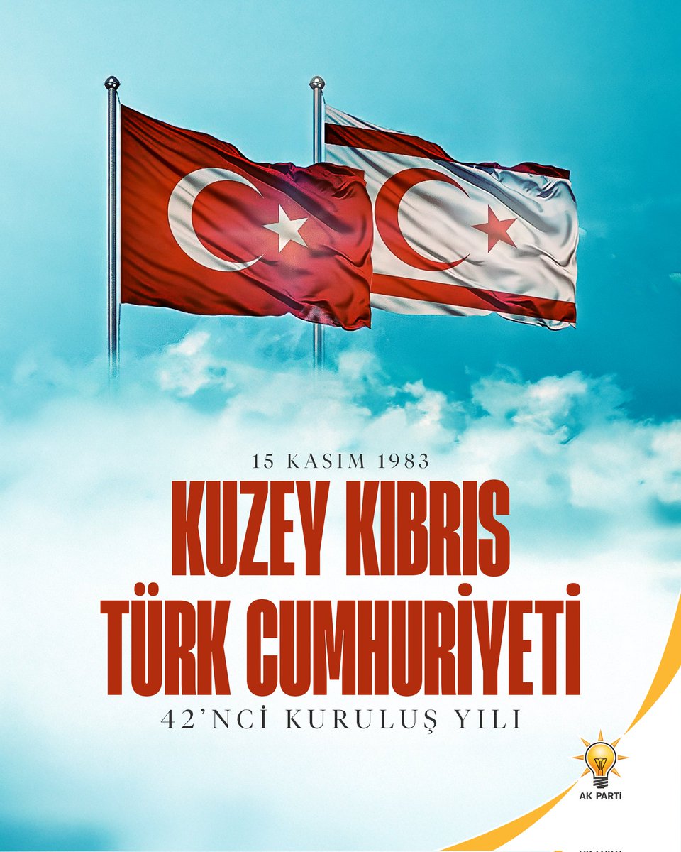 Kuzey Kıbrıs Türk Cumhuriyeti’nin kuruluş yıldönümü olan 15 Kasım 1983 tarihi, Kıbrıs Türk halkının özgürlük ve egemenlik mücadelesinin en önemli dönüm noktalarından biridir. 
Kuzey Kıbrıs Türk Cumhuriyeti’nin kuruluş yıldönümü kutlu olsun.🇹🇷