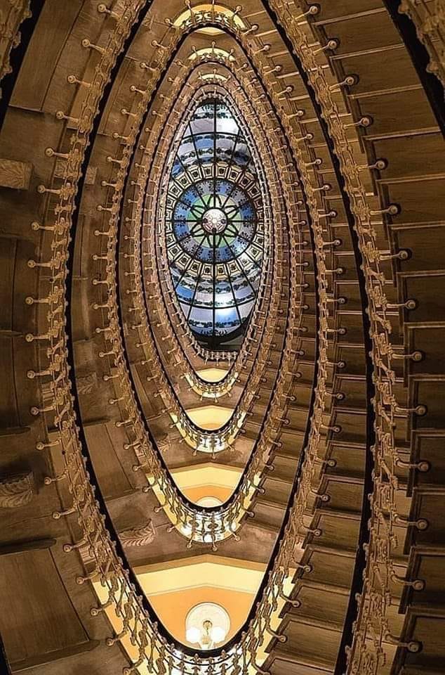 Staircaise and stained glass ceiling at Hotel Bristol Palace, Génoa, Italy c.1905.
