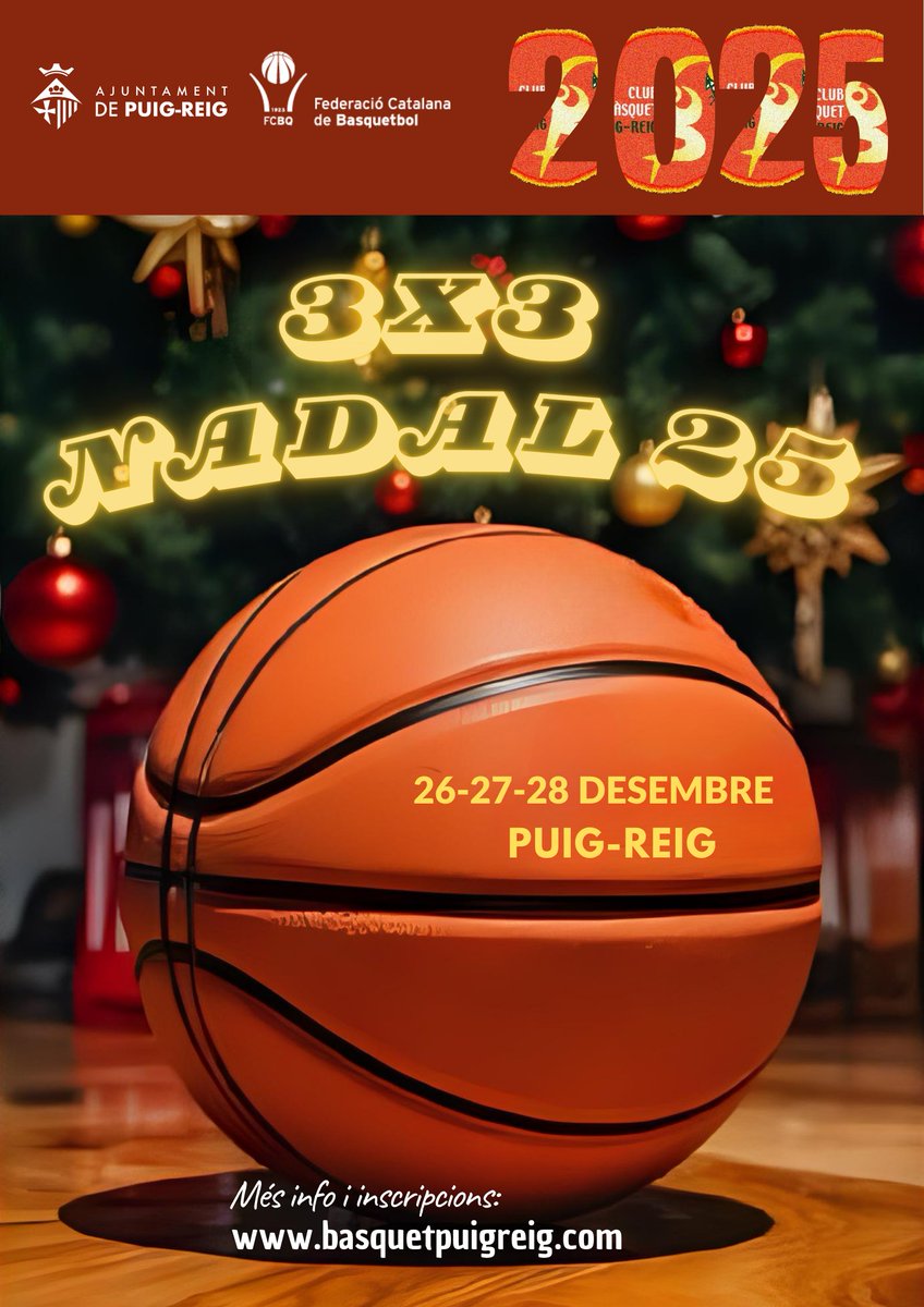 Aquest desembre torna una de les cites més esperades de l’any: el Torneig 3x3 de Nadal del Club Bàsquet Puig-reig 2025! Aquest any ja la XXIXena edició.

Els dies 26, 27 i 28 de desembre, el pavelló de Puig-reig s’omplirà d’ambient, esport i diversió.

INSCRIU AL TEU EQUIP!