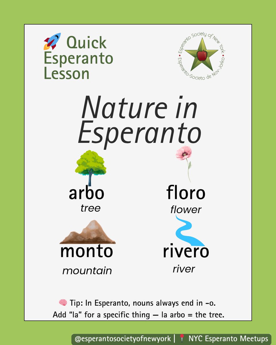 esperantonyc's tweet image. A quick Esperanto lesson for today: arbo, floro, monto, rivero.
Simple roots, easy patterns, and a language built to be learned fast.
If you’re curious about Esperanto, this is a good place to start.

#Esperanto #Linguistics #LanguageLearning