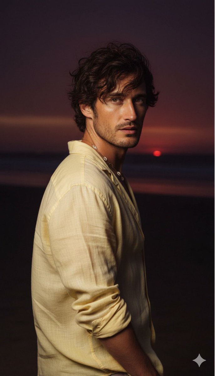 Gemini 2.5 Nano Banana

Prompt Create a beachy look of me like I'm on a beach where it's dark but someone took my picture with a flash, making my face sun-kissed, slightly glittery, and glowing.
In the background, add a sunset where the sun has 98% set, leaving a deep purple-red