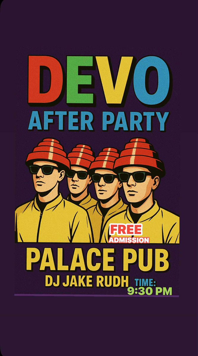 JakeRudh's tweet image. Having DEVO come to your town is an occasion! And this occasion is a long time coming. That’s why immediately after their performance at The Palace Theatre tonight in St. Paul, I’m stoked to host &amp;amp; DJ a Transmission after party directly next door at The Palace Pub! (9:30 / Free)