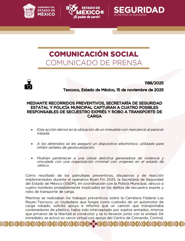 SS_Edomex's tweet image. En el municipio de 📍#Texcoco, personal de esta dependencia y de la Policía Municipal detuvieron a cuatro posibles responsables de los delitos de secuestro exprés y robo a transporte de carga.
