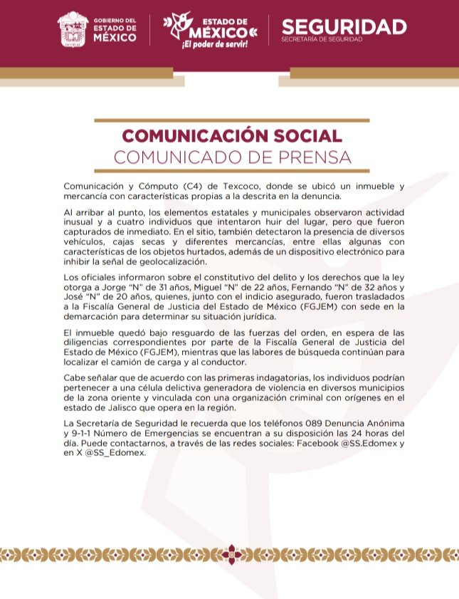 SS_Edomex's tweet image. En el municipio de 📍#Texcoco, personal de esta dependencia y de la Policía Municipal detuvieron a cuatro posibles responsables de los delitos de secuestro exprés y robo a transporte de carga.