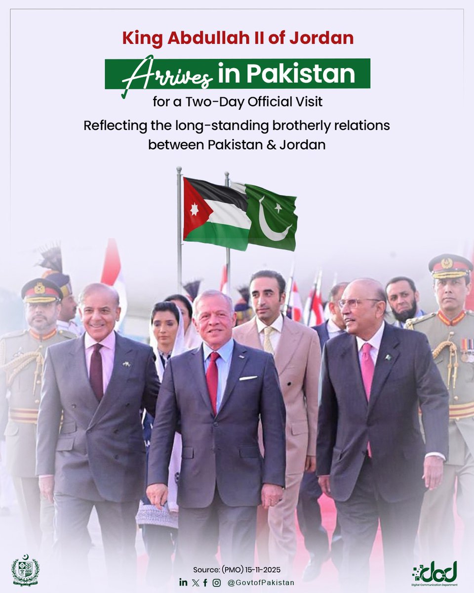 At the invitation of Prime Minister Muhammad Shehbaz Sharif, King Abdullah II of Jordan arrived in Islamabad on a two-day visit to Pakistan.