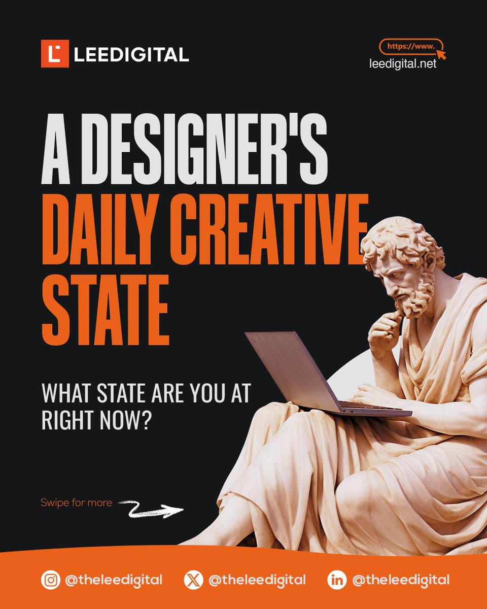 Leedigital01's tweet image. We all know the highs and lows of the design life!

Swipe to see the options on Slide 2 and tell us what state you’re at in the comments! 
 P.S. We hope you’re in the “Client approved first draft” state!

#Designer #CreativeProcess #GraphicDesign #LeeDigital #Kerning #DesignHumor