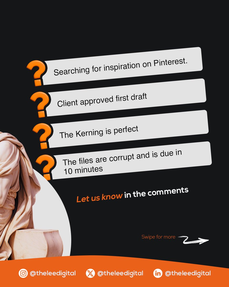 Leedigital01's tweet image. We all know the highs and lows of the design life!

Swipe to see the options on Slide 2 and tell us what state you’re at in the comments! 
 P.S. We hope you’re in the “Client approved first draft” state!

#Designer #CreativeProcess #GraphicDesign #LeeDigital #Kerning #DesignHumor