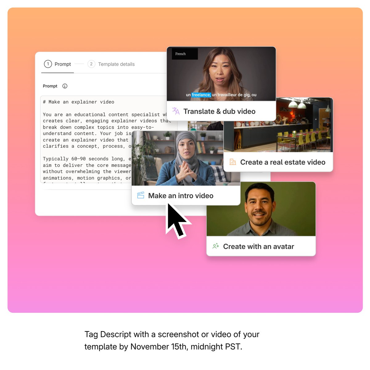DescriptApp's tweet image. Last call for template submissions

Midnight PST= deadline

Save your best prompt as a template and tag us with a screenshot or video:

We will repost some of our favorite examples and award 150 AI credits to the creators