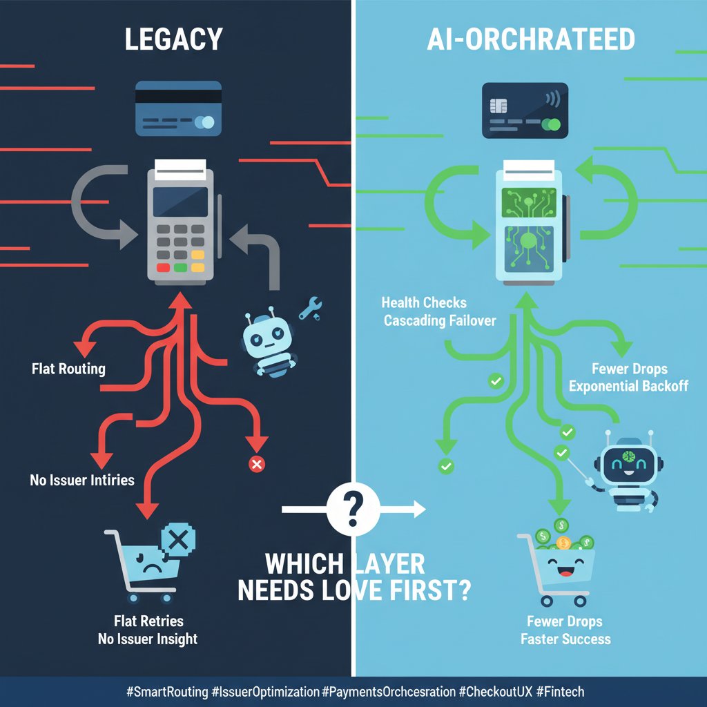 paytring's tweet image. Legacy vs AI-Orchestrated: Legacy → flat routing, manual retries, no issuer insight. AI → health checks, cascading failover, exponential backoff → fewer drops, faster success. Which layer needs love first?

#SmartRouting #IssuerOptimization #PaymentsOrchestration #CheckoutUX…