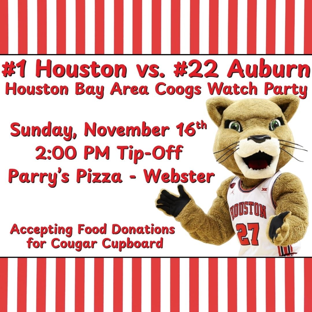 BayAreaCoogs's tweet image. 🎉 #Coogs fam, roll through! Grab your crew, grab a slice, and let’s watch #1 @UHCougarMBK square off against #22 Auburn! Tip-off at 2 — vibes start the moment you walk in. 🐾🔥
@UHCougars @UHouston @houstonalumni 
#GoCoogs #ForTheCity
