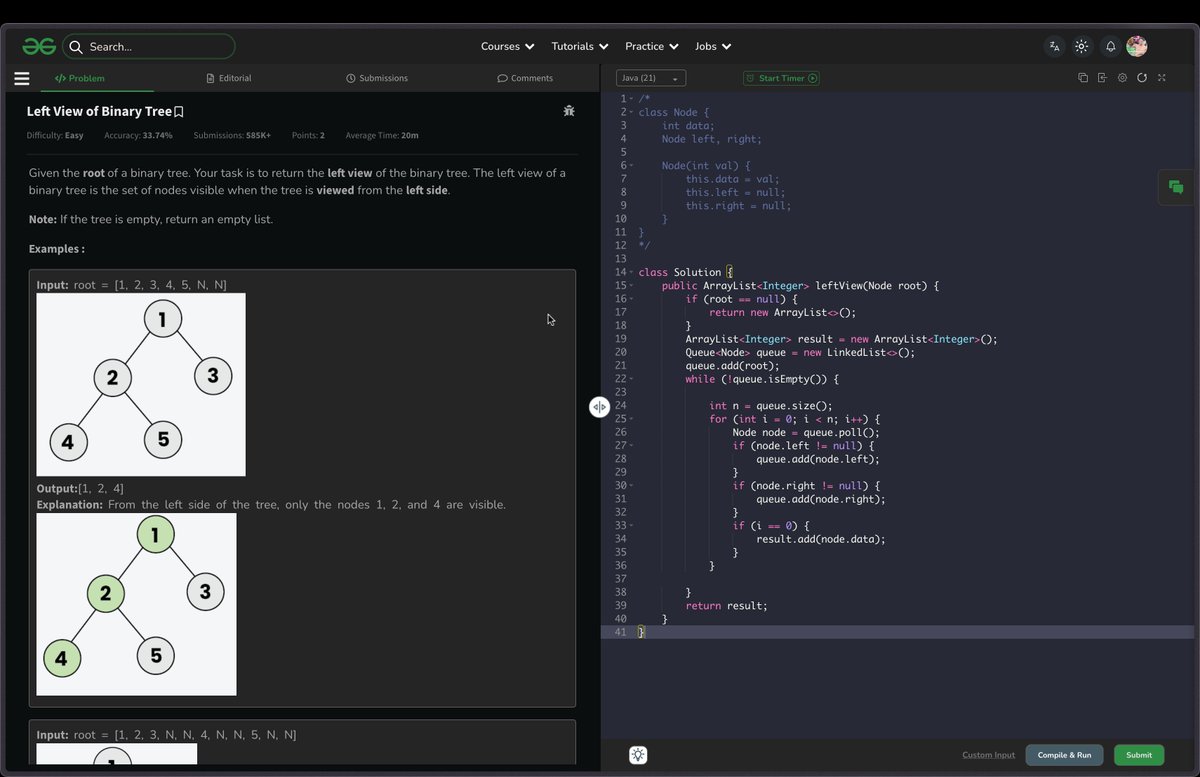 VHangEmHigh's tweet image. Day 53 of #100DaysOfCode ✅

- Left View of Binary Tree
- Preorder Traversal via Morris Preorder Traversal

#LearnInPublic #geeksforgeeks  #DSA