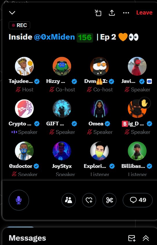 Just joined Inside <a href="/0xMiden/">Miden</a> Ep 2 hosted by <a href="/Tajudeen_10/">Tajudeen 🔶</a> and Co-host by <a href="/DvmOnChain/">Dvm🦺Σ:</a> for the first time 👀🧡
Super solid Space – builders, contributors, and early users all in one place.
Key vibes I got:

People here know exactly what they are building
Strong community + real dev