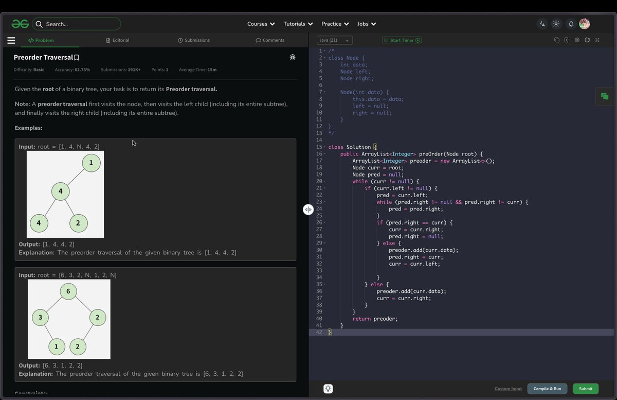 VHangEmHigh's tweet image. Day 53 of #100DaysOfCode ✅

- Left View of Binary Tree
- Preorder Traversal via Morris Preorder Traversal

#LearnInPublic #geeksforgeeks  #DSA