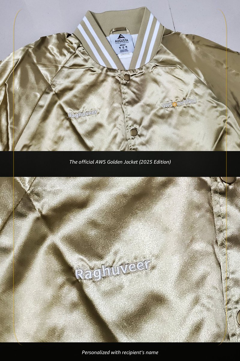 raghuveer_v's tweet image. Thrilled to share that I received the AWS Golden Jacket this year — awarded to those who achieve &amp;amp; maintain ALL active AWS certifications. 

Grateful &amp;amp; excited to keep building and learning. 

#AWS #awscertified #awsgoldenjacket #cloud #ai